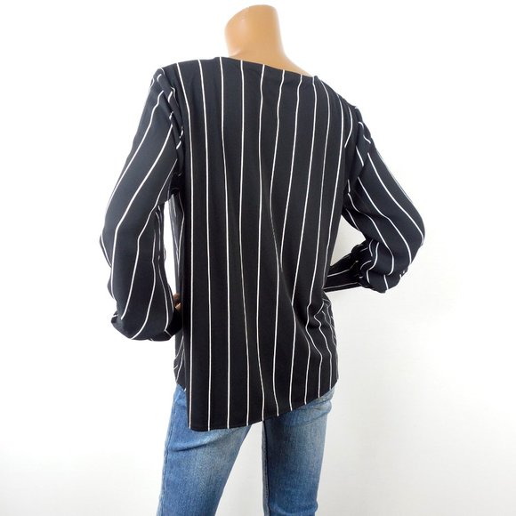 ANN TAYLOR Top M Striped Blouse Keyhole Front Long Sleeves Black/White Shirt - Picture 7 of 10